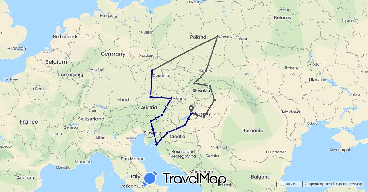 TravelMap itinerary: driving, motorbike in Austria, Czech Republic, Croatia, Hungary, Poland, Slovenia, Slovakia (Europe)